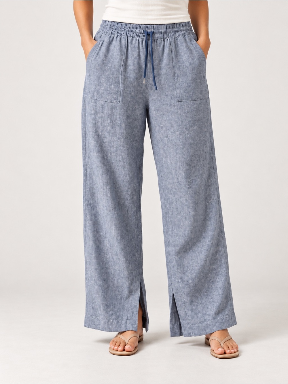 Athleta Retreat Linen Wide Leg Pants Size 20 Blue Pull On Drawstring